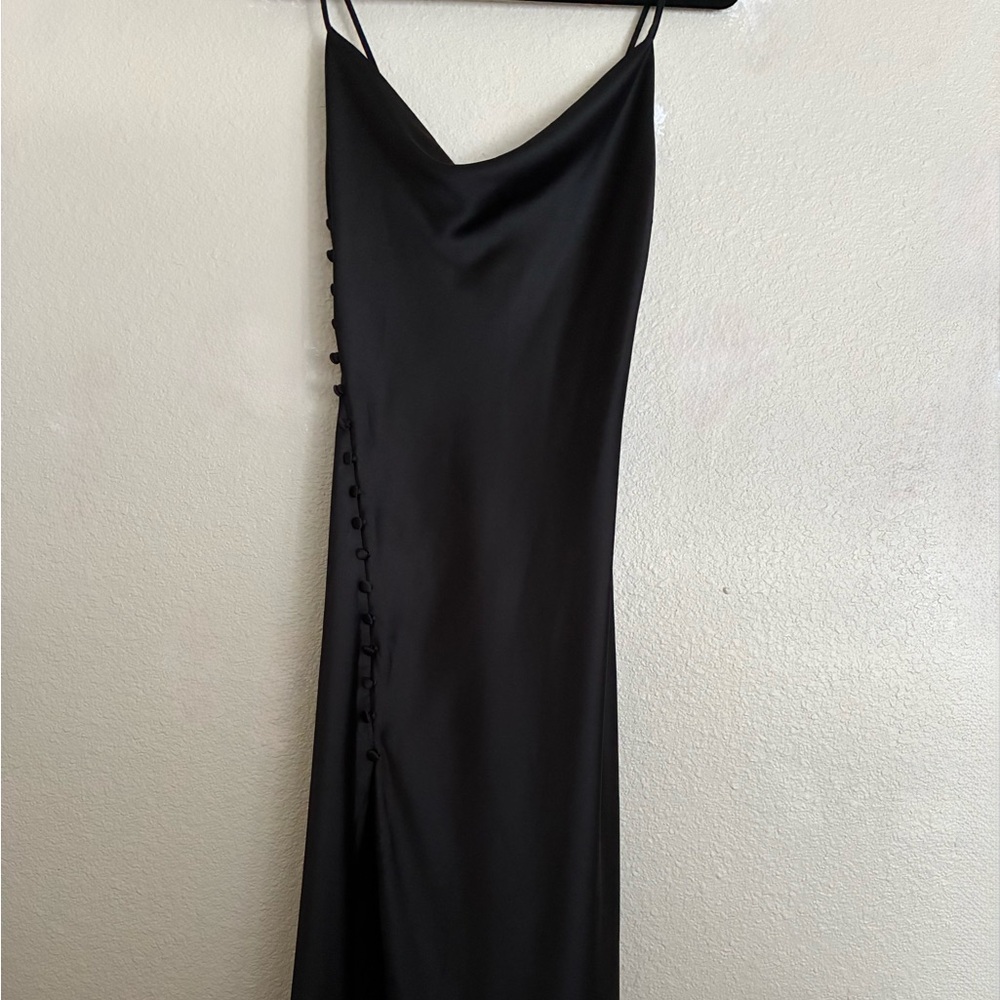 ZARA Black Satin Slip Dress with Side Buttons – XS